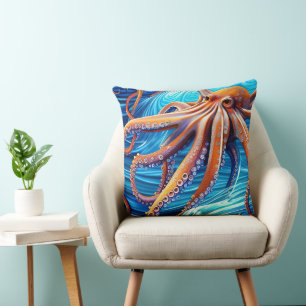 Majestic Octopus Blue Ocean Wave Expressionism Throw Pillow