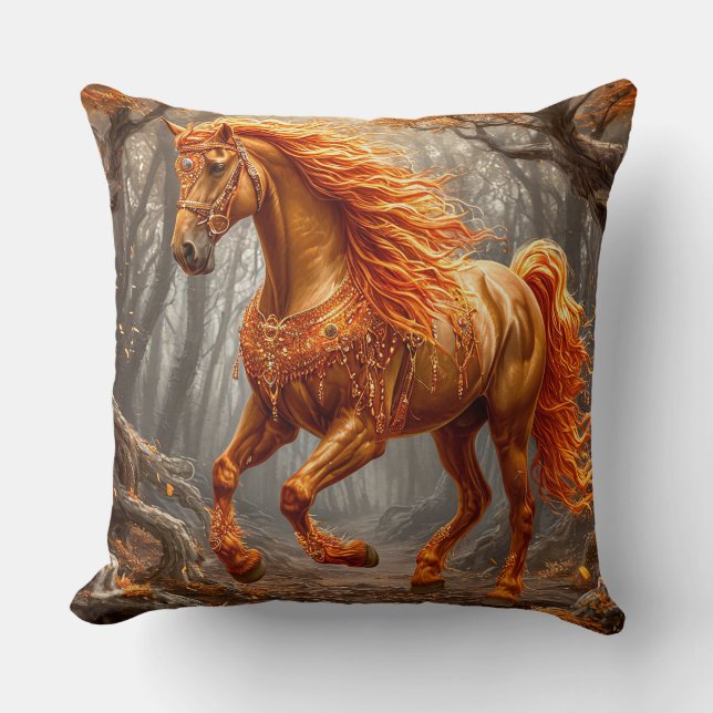 Majestic Orange Horse in Autumn Forest Throw Pillow (Front)
