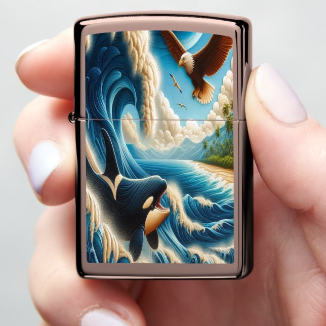 Majestic Orca and Eagle Dance Zippo Lighter (In Hand)