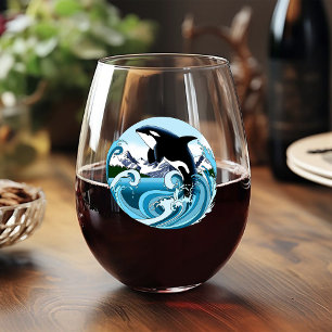 Majestic Orca Killer Whale Blue Waves Ocean Stemless Wine Glass
