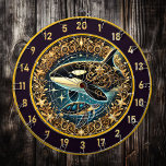 Majestic Orca Turtle Rustic Decor Dart Board<br><div class="desc">Elevate the look of your man cave or fishing lodge with this breathtaking artwork. The design captures the beauty of an orca and a turtle, surrounded by intricate golden patterns and celestial accents. The circular shape makes it ideal for placement above a dartboard, adding a unique focal point to your...</div>