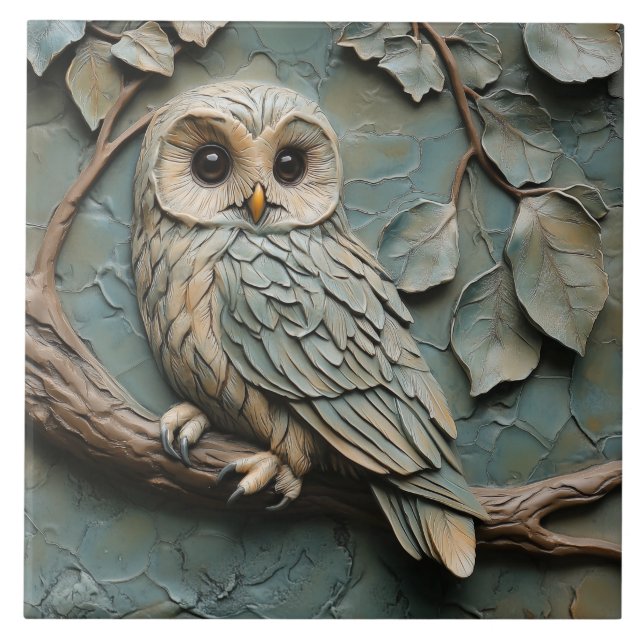 Majestic Owl on Branch Wildlife Faux Relief Ceramic Tile (Front)