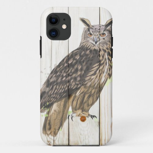 Majestic owl on faded wood planks paint spatters  iPhone 11 case