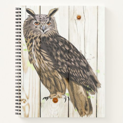 Majestic owl on faded wood planks paint spatters notebook