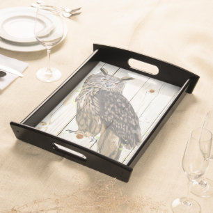 Majestic owl on faded wood planks serving tray