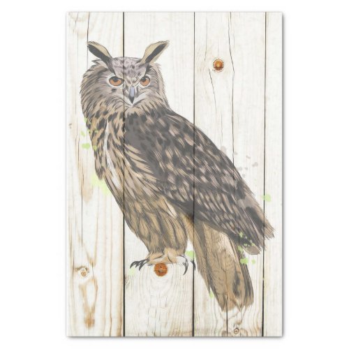Majestic owl on faded wood planks tissue paper