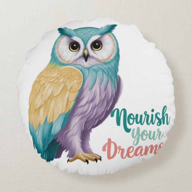 "Majestic Owl with Motivational Message" Round Pillow (Back)