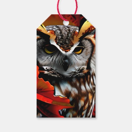 Majestic Owl with Red Leaf Ai Art Gift Tags