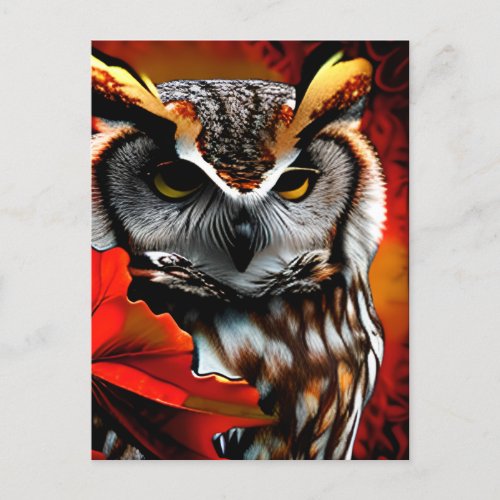 Majestic Owl with Red Leaf Ai Art Postcard