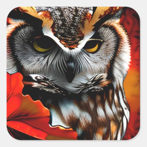 Majestic Owl with Red Leaf Ai Art Square Sticker