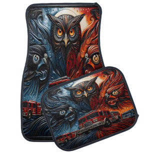 Majestic Owls With Fiery And Icy Firetruck Car Floor Mat
