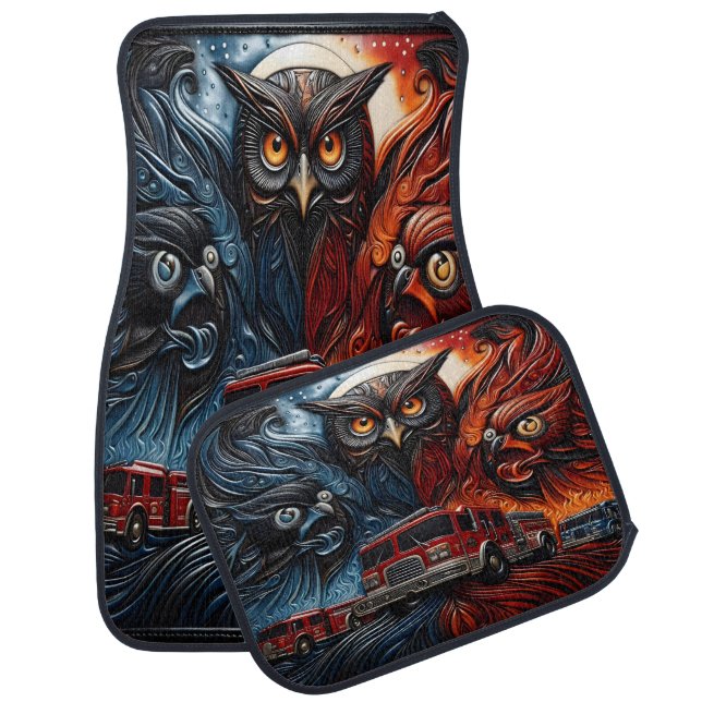 Majestic Owls With Fiery And Icy Firetruck Car Floor Mat (Set)