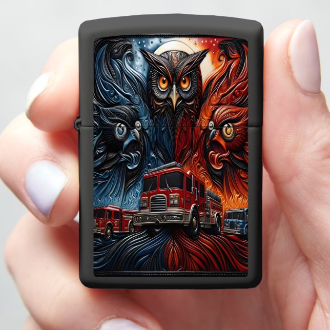 Majestic Owls With Fiery And Icy Firetruck Zippo Lighter (In Hand)