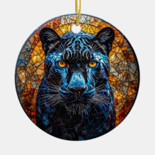 Majestic Panther Stained Glass Artwork Ceramic Ornament