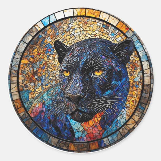 Majestic Panther Stained Glass Artwork Classic Round Sticker (Front)