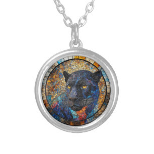 Majestic Panther Stained Glass Artwork Silver Plated Necklace