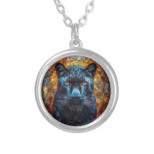 Majestic Panther Stained Glass Artwork Silver Plated Necklace