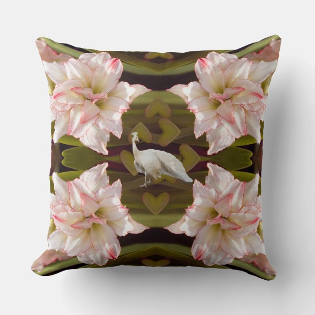 Majestic Peacock and Amaryllis Candy Cane Throw Pillow (Front)