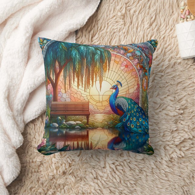 Majestic Peacock by Reflective Pond at Sunset Throw Pillow (Blanket)