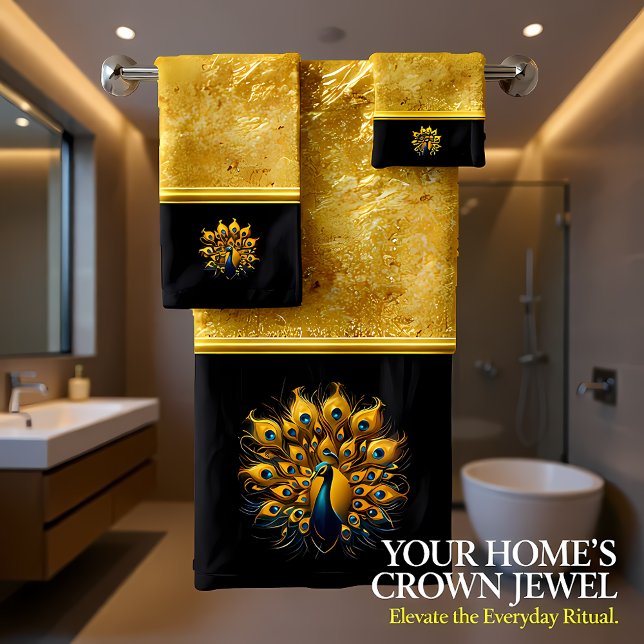 Majestic Peacock Display Blue And Gold Bath Towel Set (Creator Uploaded)