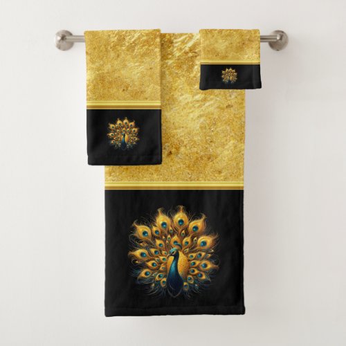 Majestic Peacock Display Blue And Gold Bath Towel Set