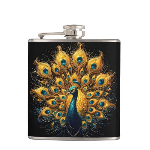 Majestic Peacock Display Blue And Gold Flask