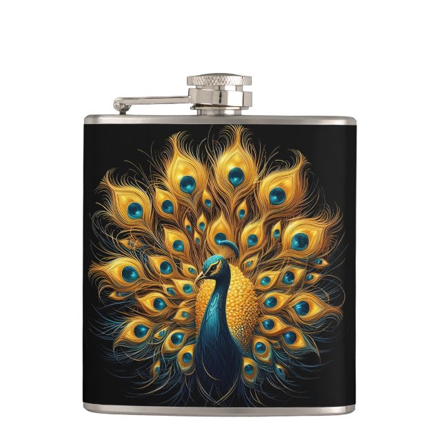 Majestic Peacock Display Blue And Gold Flask (Front)