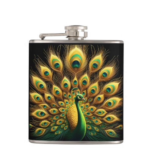 Majestic Peacock Display Green And Gold Flask