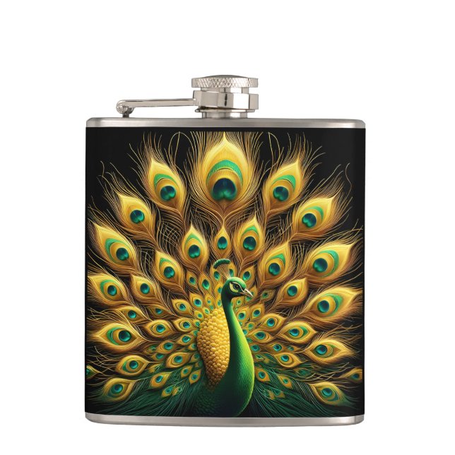 Majestic Peacock Display Green And Gold Flask (Front)