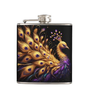 Majestic Peacock Displaying Purple and Gold Feathe Flask