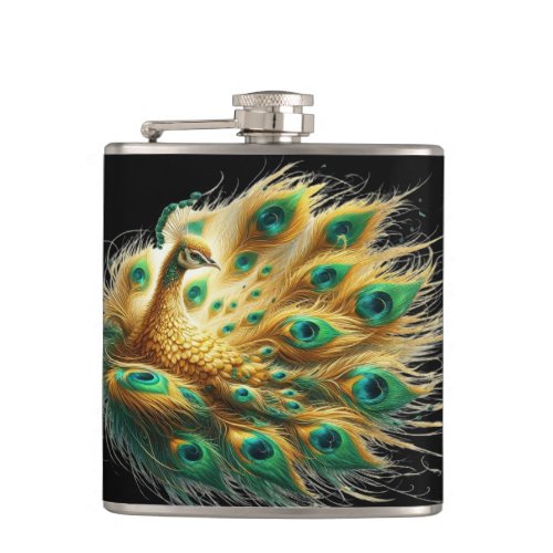 Majestic Peacock Displays Green and Yellow Plumage Flask