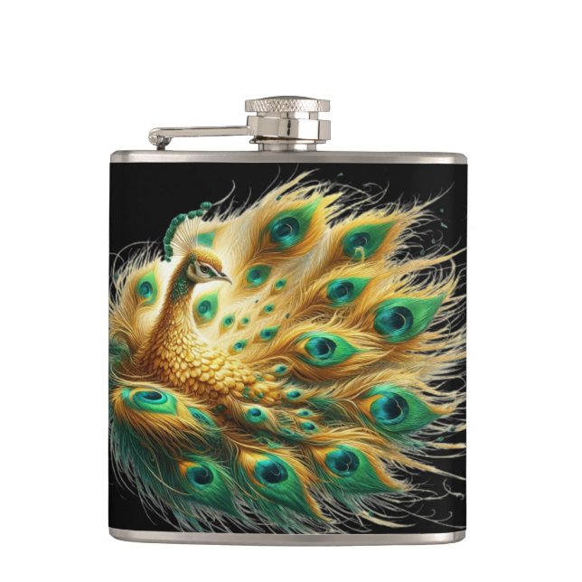 Majestic Peacock Displays Green and Yellow Plumage Flask (Front)