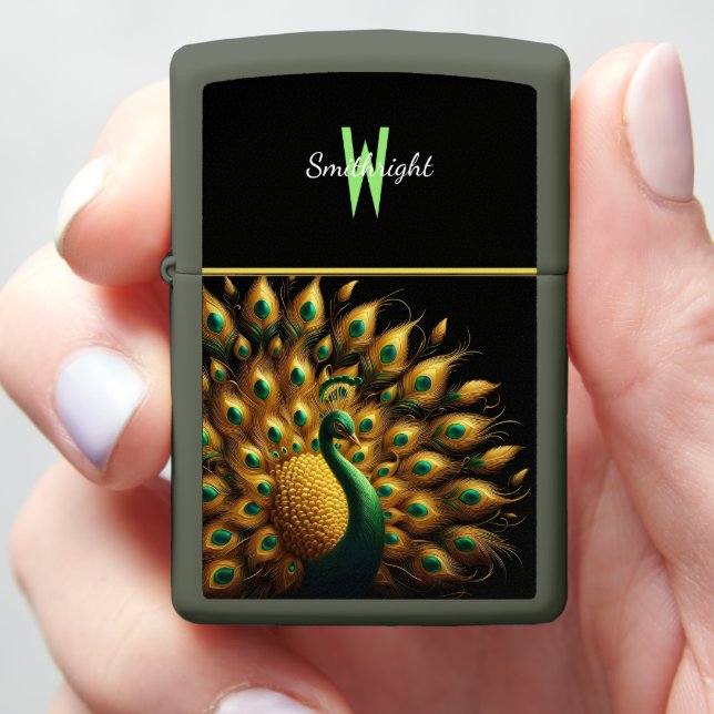 Majestic Peacock Elegance Monogram Zippo Lighter (In Hand)