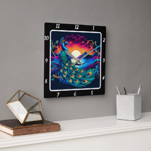 Majestic Peacock Glow Square Wall Clock