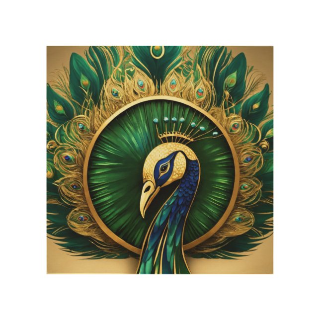 Majestic Peacock Green Wood Wall Art (Front)