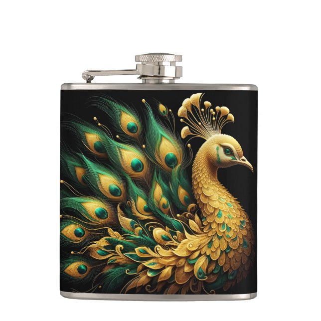 Majestic Peacock in Golden Splendor Flask (Front)