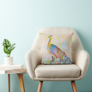 Majestic peacock on a fence - abstract throw pillow