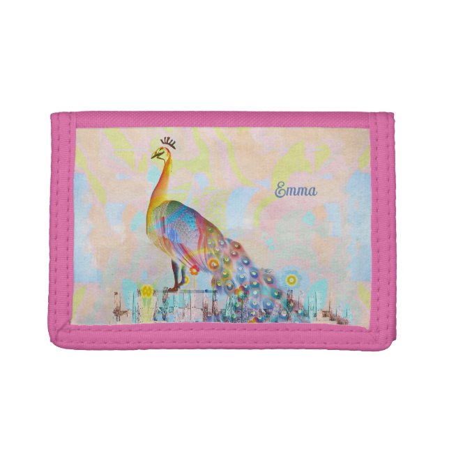 Majestic peacock on a fence - abstract  trifold wallet (Front)