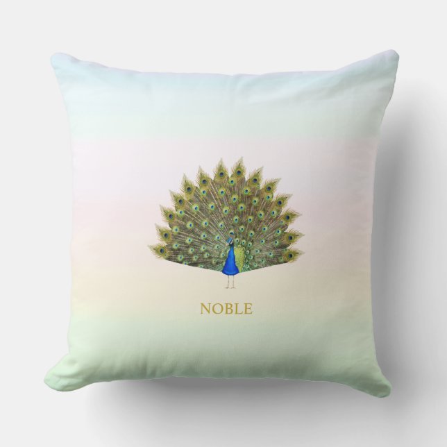 Majestic peacock on pastel color shades throw pillow (Front)