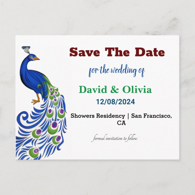 Majestic Peacock Wedding Save The Date Postcard (Front)