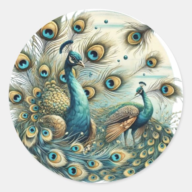 Majestic Peacocks – Vibrant Feather Display Classic Round Sticker (Front)