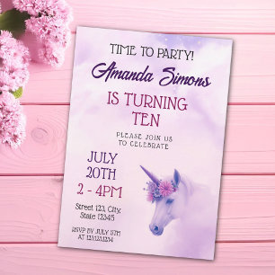 Majestic Pink Floral Unicorn Girly 10th Birthday Invitation
