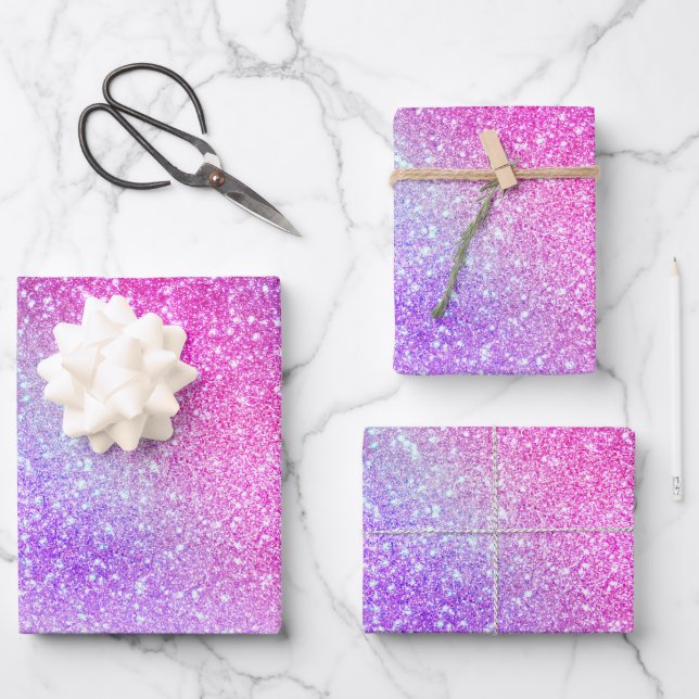 Majestic Pink Purple Nebula Galaxy Glitter Wrapping Paper Sheets (Front)