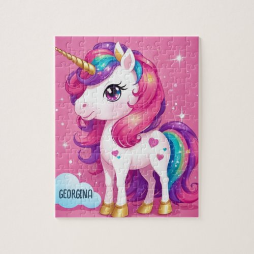 Majestic Pink Unicorn Personalized Kids Jigsaw Puzzle