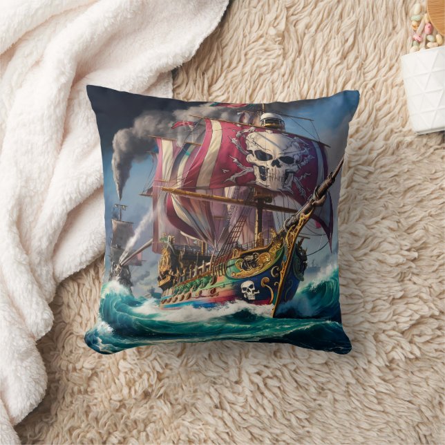 Majestic Pirate Ship Battling Rough Seas at Dusk Throw Pillow (Blanket)