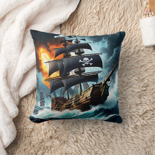 Majestic Pirate Ship Battling Stormy Seas at Dawn Throw Pillow