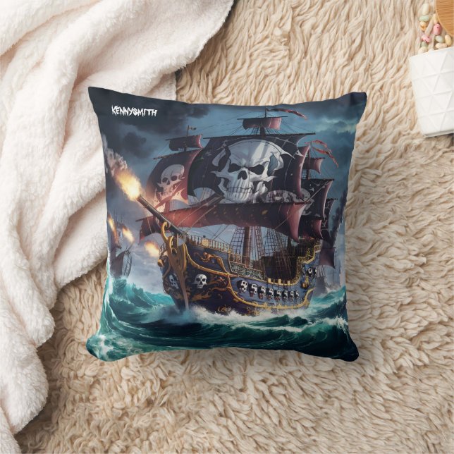 Majestic Pirate Ship Battling Stormy Seas at Dusk Throw Pillow (Blanket)