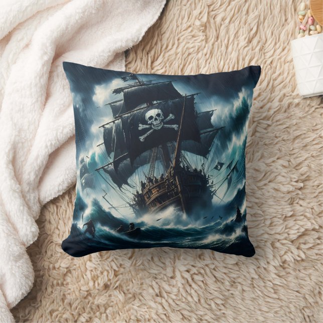 Majestic Pirate Ship Battling Stormy Seas Throw Pillow (Blanket)