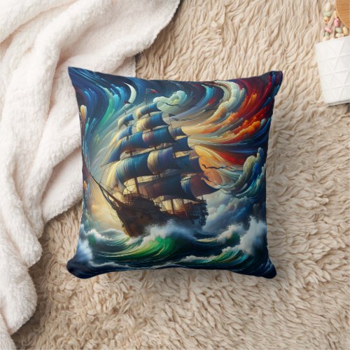 Majestic Pirate Ship Navigating Stormy Seas Throw Pillow