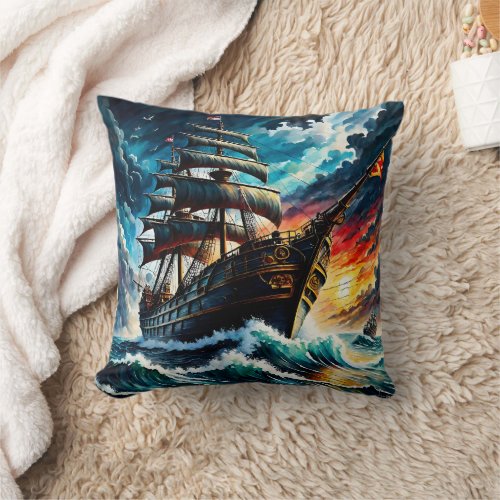 Majestic Pirate Ship Sailing at Sunset Throw Pillow